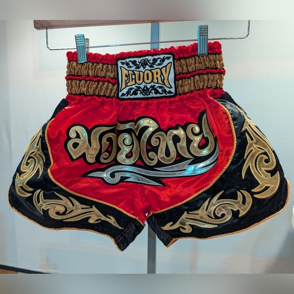 Kids Muay Thai Shorts - Red, Black, and Gold - Picture 1 of 11